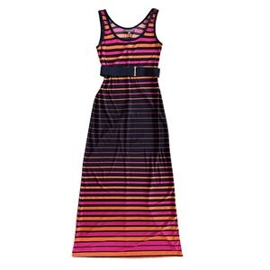 Y2K Roz & Ali stretchy Striped Maxi Dress with Belt USA beach summer sz‎ 4 #961